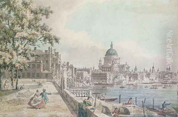 A copy of part of a drawing by Canaletto of St Pauls Cathedral from the Terrace of Somerset House - view 1