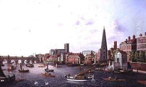 View of the River Thames at York Steps looking towards Westminster Abbey