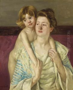 Antoinette Holding Her Child By Both Hands by Mary Cassatt