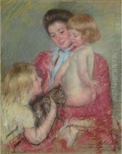 Reine Lefebvre With Blond Baby And Sara Holding A Cat (maternite) by Mary Cassatt