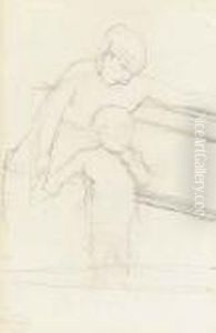 Sketch Of Nurse Seated On A Bench, Baby Standing Beside Her by Mary Cassatt