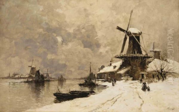 Windmills Along A Canal In Winter - view 1