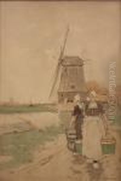 Dutch Scenes With Figuresby A Windmill And Figures By A Boat - view 1