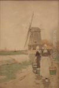Dutch Scenes With Figuresby A Windmill And Figures By A Boat by Hendrick, Henri Cassiers