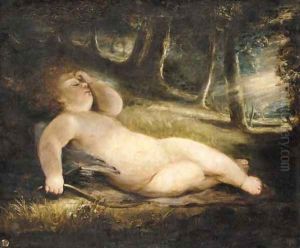 Cupid asleep in a woodland clearing by John Jackson