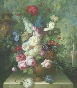Tulips, peonies, chrysanthemums, poppies in a vase, on a ledge by John Jackson