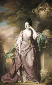 Portrait of Mrs. William Colquhoun of Wrotham, Norfolk, full-length in a lilac dress with a cloak, leaning against an urn in a landscape by Francis Coates Jones