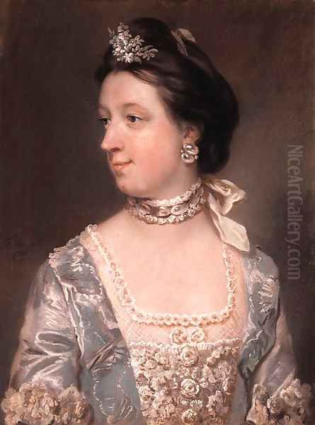 Portrait of Rebecca Tucker, half-length, in a blue dress embroidered with roses and lace work - view 1
