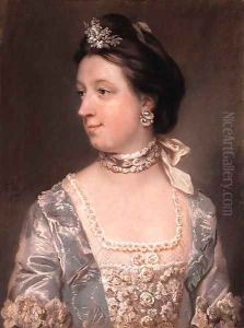 Portrait of Rebecca Tucker, half-length, in a blue dress embroidered with roses and lace work by Francis Coates Jones