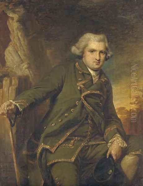 Portrait of Sir William Langham, small three-quarter-length, in a green suit with gold trim, holding a tricorn in his left hand - view 1