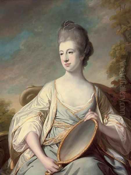 Portrait of Mary Dering, seated, three-quarter-length, in an oyster satin dress with gold trim, holding a mirror, in a landscape - view 1
