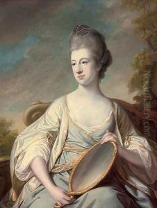 Portrait of Mary Dering, seated, three-quarter-length, in an oyster satin dress with gold trim, holding a mirror, in a landscape