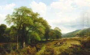 A herd of deer in a wooded river landscape, near Kenilworth