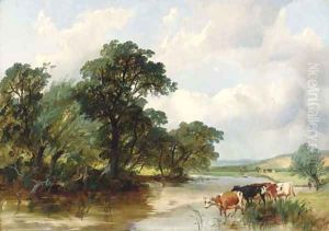 Cattle watering in a wooded river landscape by Henry Jutsum