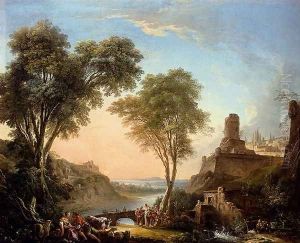 Figures Resting On The Banks Of A River, A Bridge In The Distance by Nicolas-Jacques Juliard