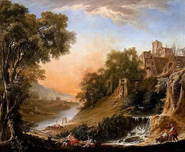 Figures Resting On The Banks Of A River, A Waterfall In The Foreground - view 1