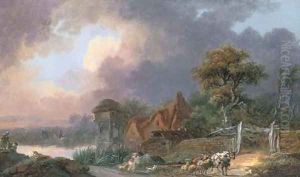 Peasants travelling on a path by a hamlet
