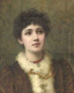 Portrait of a lady, bust-length, wearing a red bead necklace by Helen Jackson