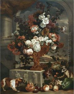 Still Life With A Large Bouquet 
Of Flowers In A Sculpted Bronze Urnresting On A Carved Stone Base, 
Together With A Spaniel, A Monkeyand Various Fruits