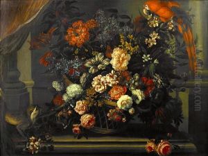 A Still Life Of Roses, Carnations With Otherflowers And A Monkey And A Parrot