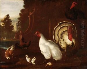 Turkeys,chickens, Peacocks And A Dove In A Baroque Garden