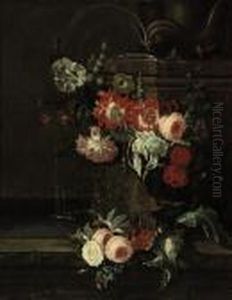 An Iris, Ornamental Poppies,
Roses, Hollyhocks And Other Flowersdecorating A Classical Fountain by Pieter Casteels