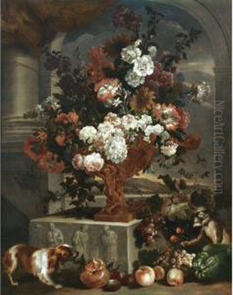Still Life With A Large Bouquet
Of Flowers In A Sculpted Bronze Urnresting On A Carved Stone Base,
Together With A Spaniel, A Monkeyand Various Fruit - view 1