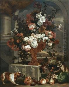 Still Life With A Large Bouquet
Of Flowers In A Sculpted Bronze Urnresting On A Carved Stone Base,
Together With A Spaniel, A Monkeyand Various Fruit by Pieter Casteels