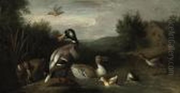 A Wooded River Landscape With A
Male And Female Mallard, Ducklings,a Snipe, A Kingfisher And Another
Duck, A Cottage Beyond - view 1