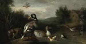 A Wooded River Landscape With A 
Male And Female Mallard, Ducklings,a Snipe, A Kingfisher And Another 
Duck, A Cottage Beyond