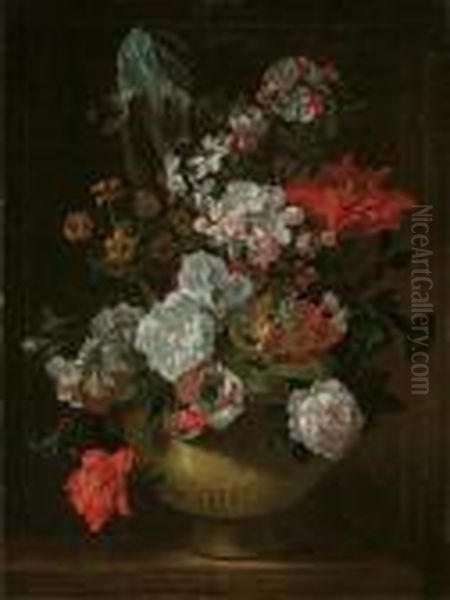 Iris, Tulips, Roses, Carnations And Other Flowers In An Urn On Astone Ledge - view 1
