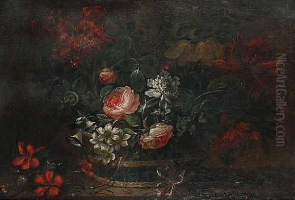 A Still Life Of Roses And Other Flowers In A Basket - view 1