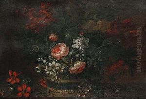 A Still Life Of Roses And Other Flowers In A Basket