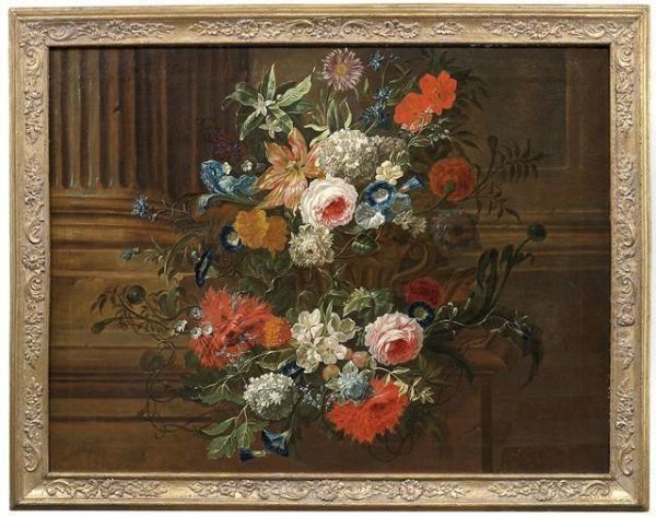 Rosen, Tulpen, Anemonen, Iris, 
Schneeball Und Andere Blumen In Einer Kratervase Vor Einer 
Saulenarchitektur - view 1
