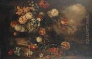 Roses, Tulips, Snowballs, 
Narcissi And Other Flowers In A Vase On A Stone Plinth Before A 
Landscape