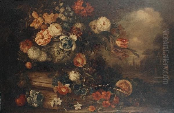 Roses, Tulips, Snowballs, 
Narcissi And Otherflowers In A Vase On A Stone Plinth Before A Landscape - view 1