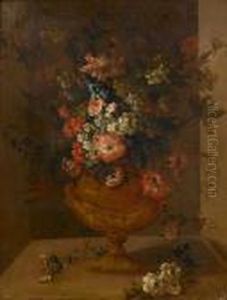 Roses, Carnations, Convolvulus And Otherflowers In A Bronze Vase Displayed In A Niche