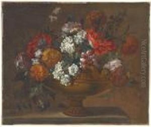 Peonies, Tulips And Other Flowers In An Urn On A Ledge by Pieter Casteels