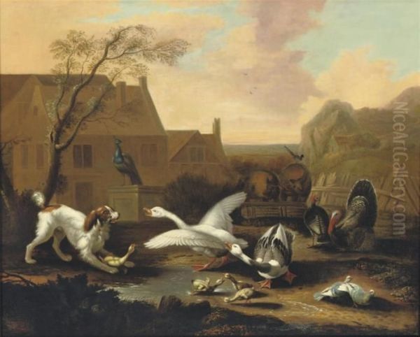 A Spaniel Threatening Geese In A Farmyard - view 1