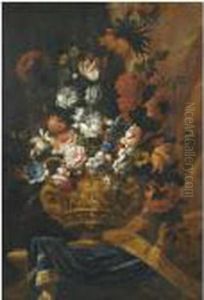 Still Life With Flowers In An Elaborate, Sculpted Bronze Urn,resting On A Stone Ledge by Pieter Casteels