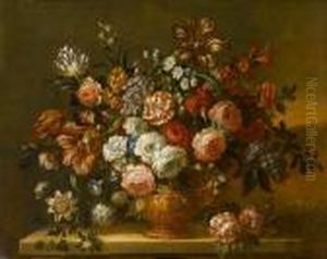 Roses, Tulips, Chrysanthemums,
Morning Gloryand Other Flowers In A Bronze Urn On A Stone Ledge by Pieter Casteels