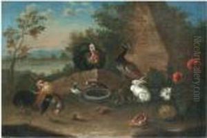 A Landscape With A Cockerel, A Hen, A Turkey, A Peacock And Other Birds With Rabbits by Pieter Casteels