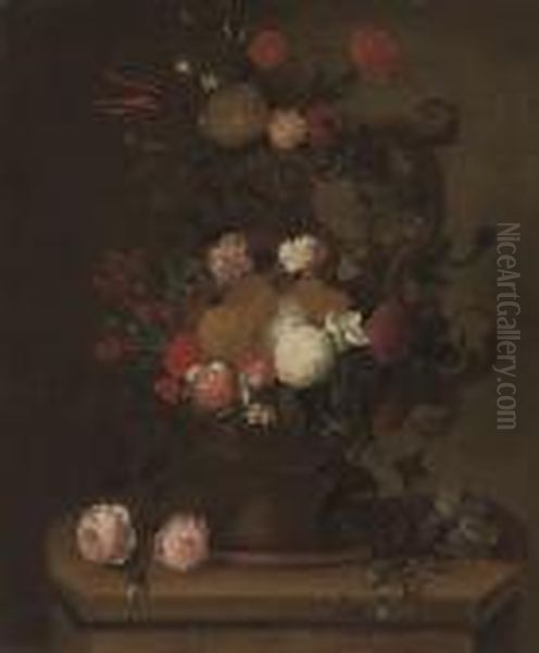 Chrysanthemums, Carnations, Roses, A Tulip And Other Flowers In An Urn, On A Plinth - view 1