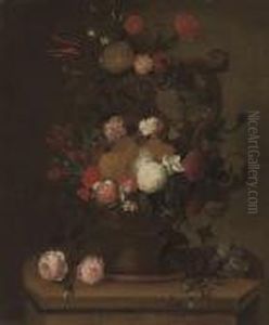 Chrysanthemums, Carnations, Roses, A Tulip And Other Flowers In An Urn, On A Plinth