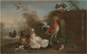 A Cockerel, Hens, Chicks, Pigeons And Other Fowl In A Park Landscape