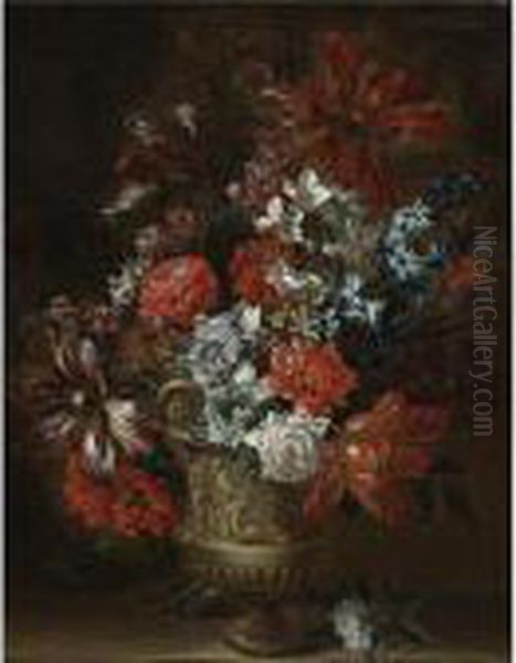 Still Life Of Tulips, Peonies, Narcissus And Other Flowers In A Sculpted Vase - view 1