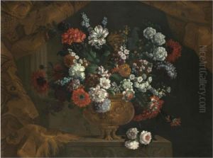 Still Life Of Flowers In A Gilt Urn On A Stone Ledge by Pieter Casteels