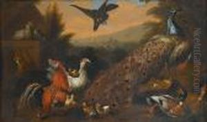 A Peacock, Mallards, A Cockerel
And Other Fowl With A Squirrel In An Italianate Landscape by Pieter Casteels