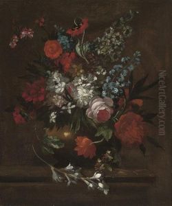 Roses, Chrysanthemums, Morning
Glory, Lilies, Carnations And Other Flowers In A Vase On A Stone Ledge Roses, Chrysanthemums, Morning
Glory, Lilies, Carnations And Other Flowers In A Vase On A Stone Ledge