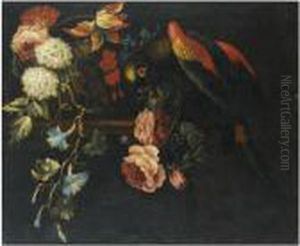 A Still Life With Tulips, Roses,
Snowballs And Other Flowers Together With A Parrot On A Wooden Ledge by Pieter Casteels